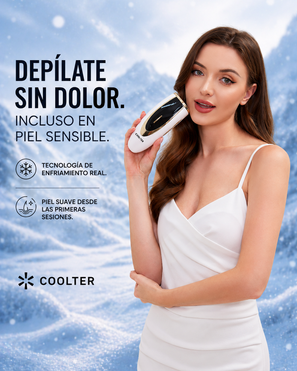 Woman holding a Coolter device with a blue icy background, featuring text about painless hair removal.