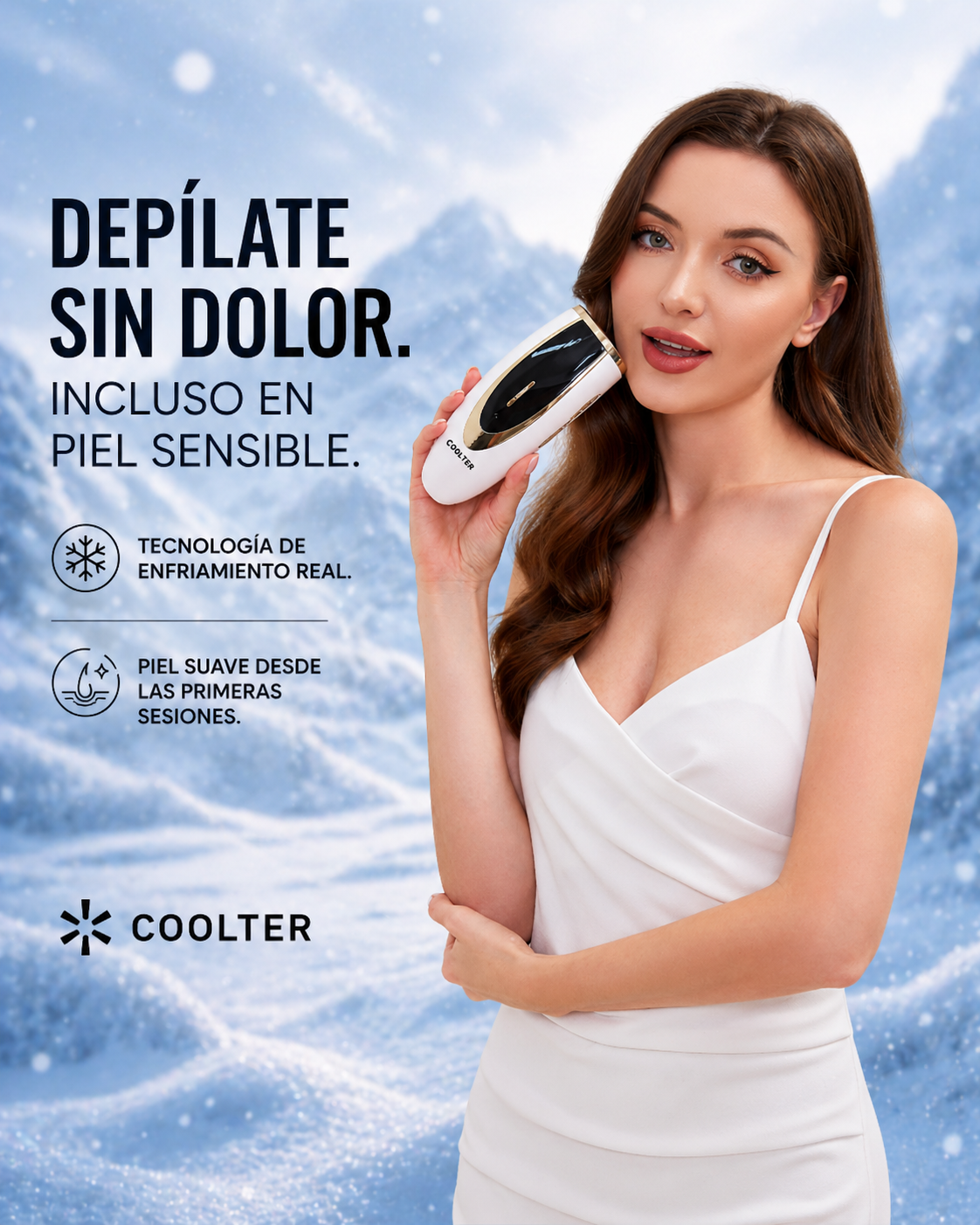 Woman holding a Coolter device with a blue icy background, featuring text about painless hair removal.