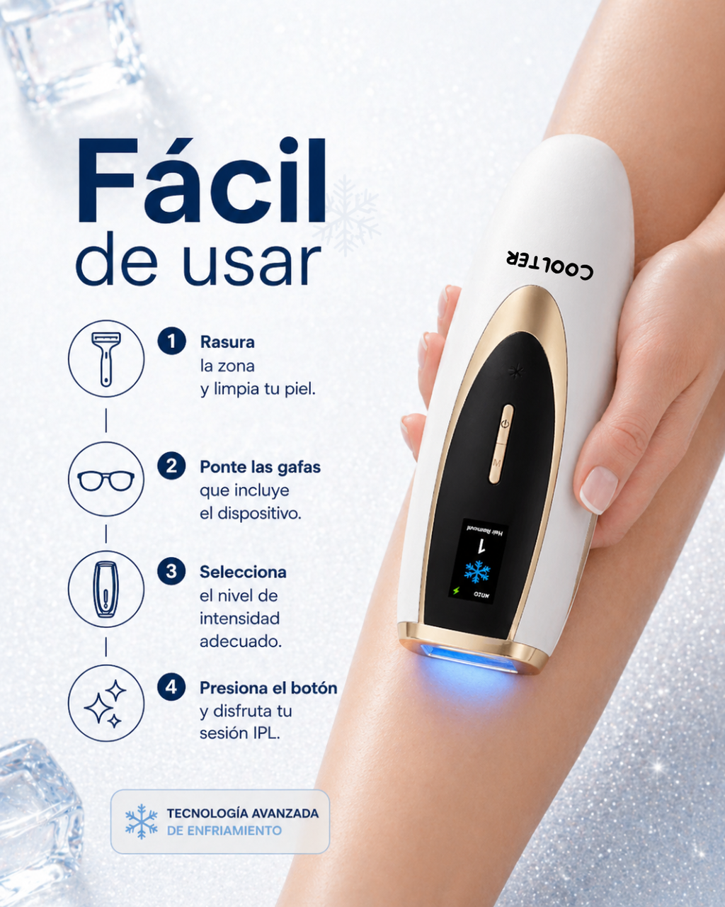 Hair removal device with user instructions on a white background