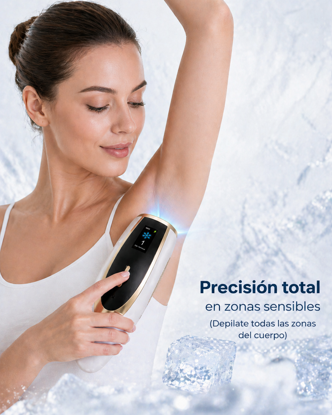 Woman using a hair removal device with a white background