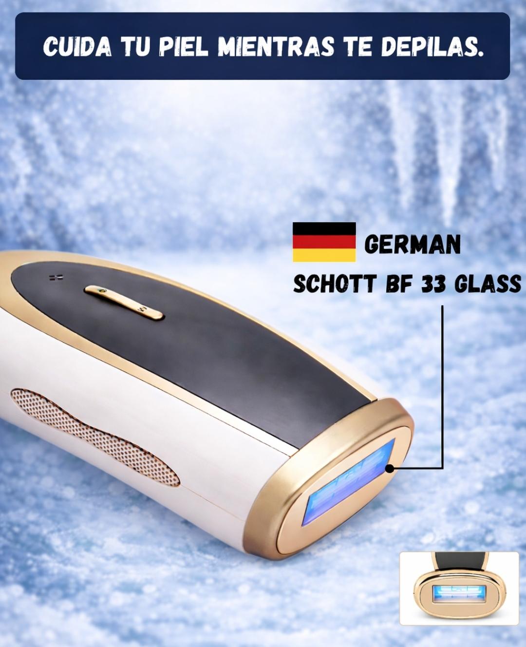 Hair removal device with German Schott BF 33 glass feature on a blue background