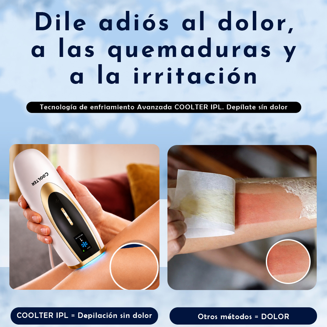 Advertisement for Coolter IPL device with text in Spanish on a blue gradient background
