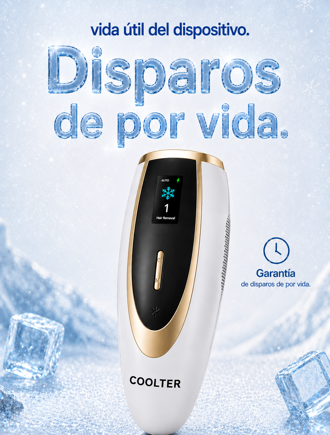 Coolter device with ice cubes on a blue background and text in Spanish.