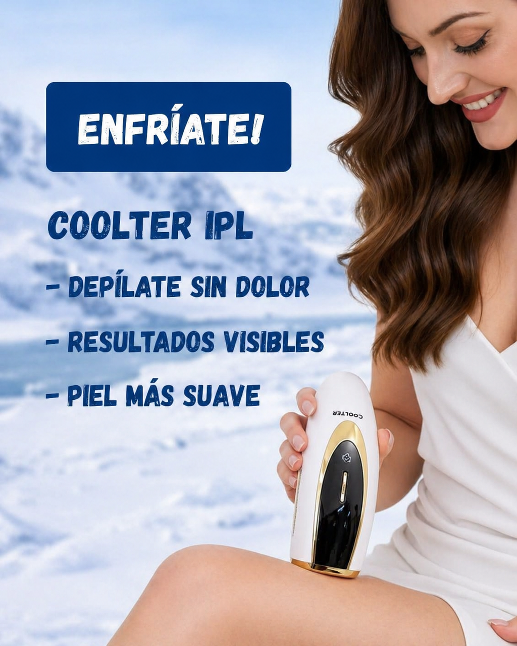 Woman holding a Coolter IPL device with text in Spanish about painless hair removal and smooth skin.